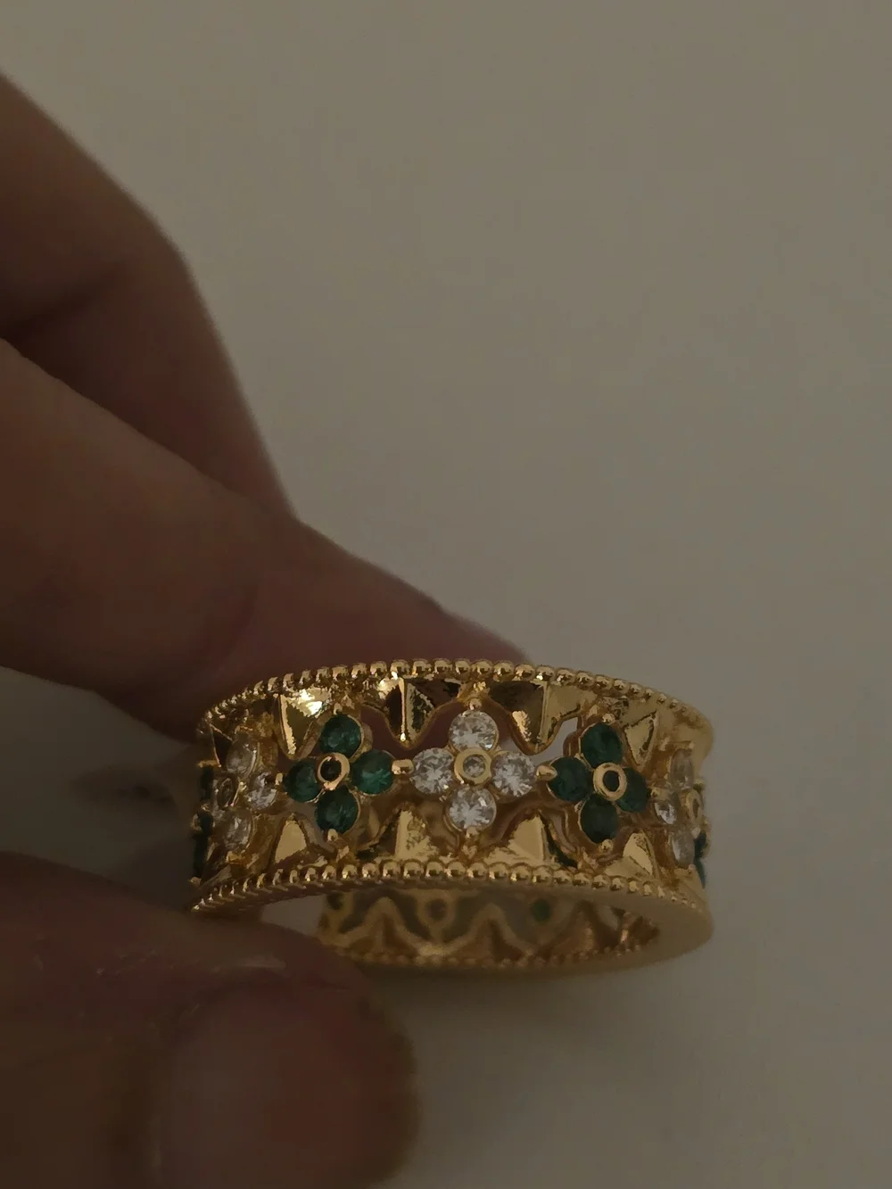 22kgp Dubai Jewelry Gold Tone Floral Green Enamel Ring and Bangle Set - Picture 4 of 15